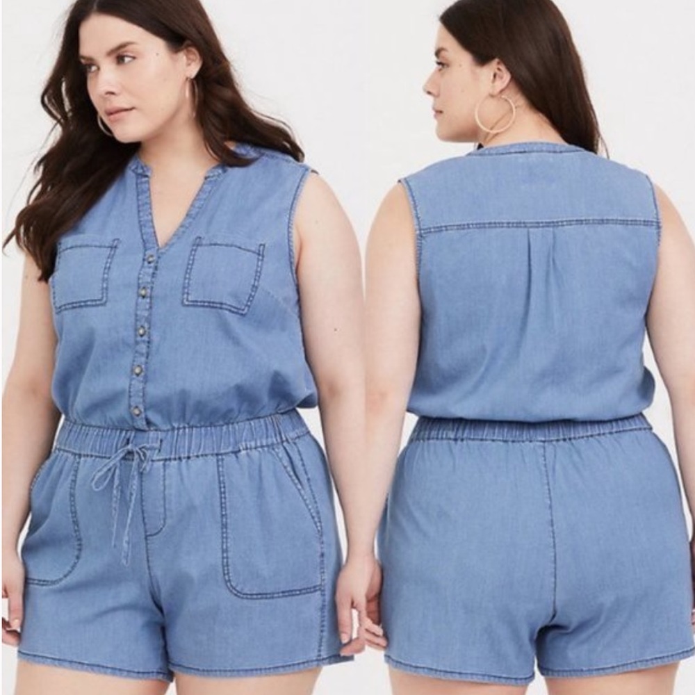 Torrid Chambray Denim Drawstring Waist Romper women’s size 1 x blue tank 1x